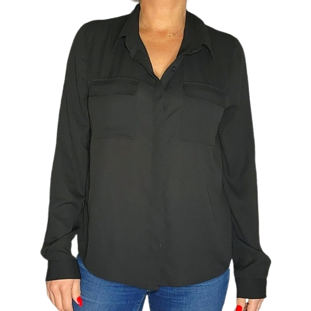 Lulu's Semi Sheer Button Up Long Sleeve Blouse Pockets Black Large